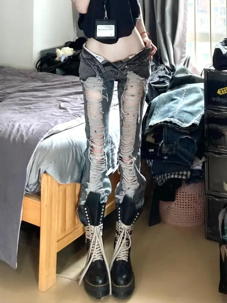 Women Goblin Core Harajuku Abi Y2K Flare Denim Pants Cyber Punk Long Trousers Slim Grunge Goth Baddie Trumpet Pants Y2k Japanese