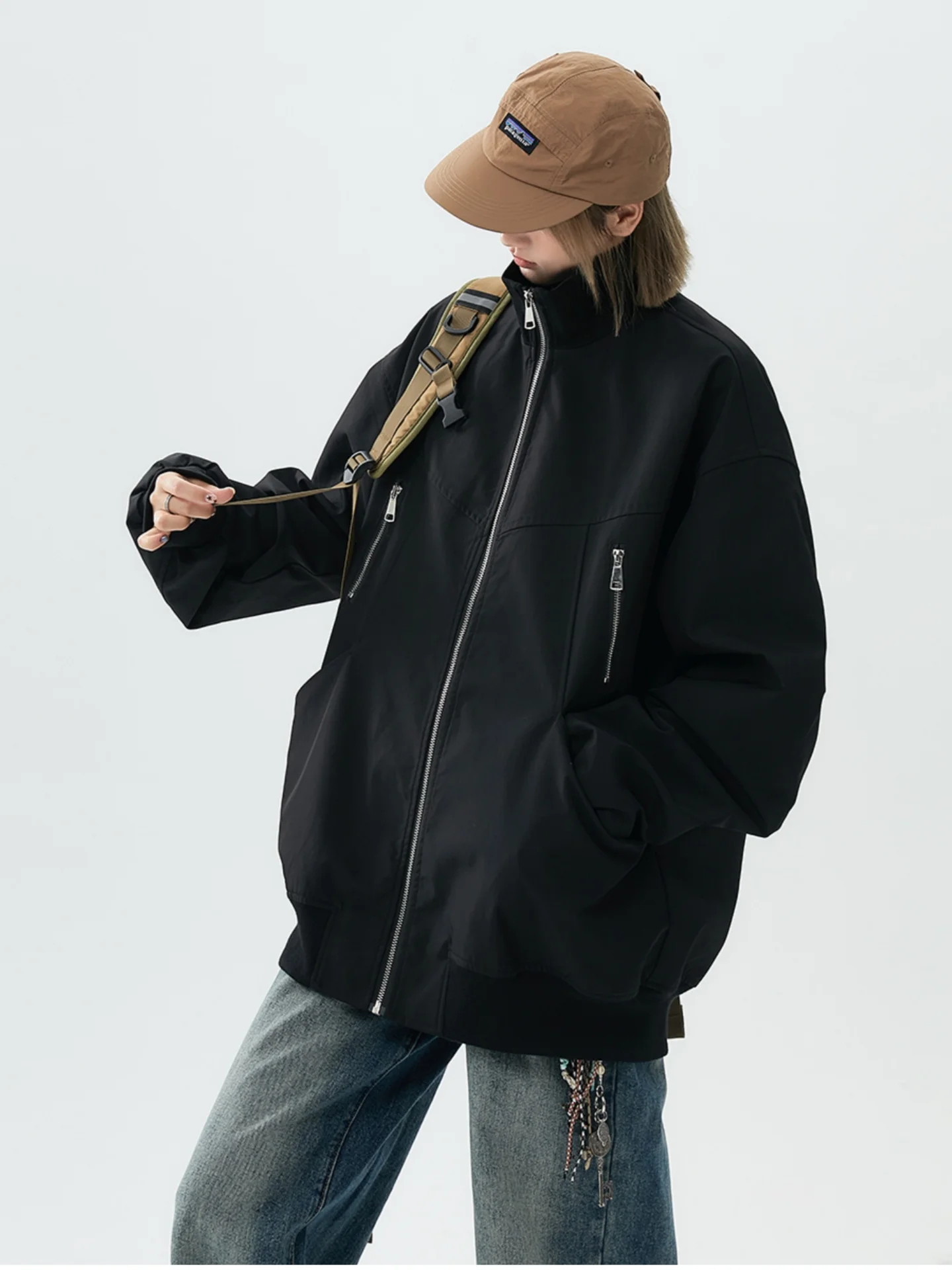 

Черная рабочая куртка с воротником-стойкой, осенняя, повседневная, свободного кроя, в американском ретро-стиле, на молнии, ветровка