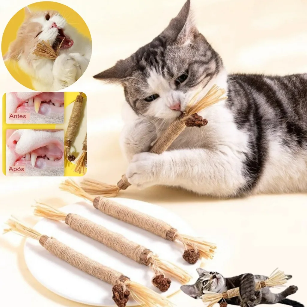 Palito Natural para Gatos: Limpeza Dental, Anti-Placa, Petisco Mastigável Fitoterápico