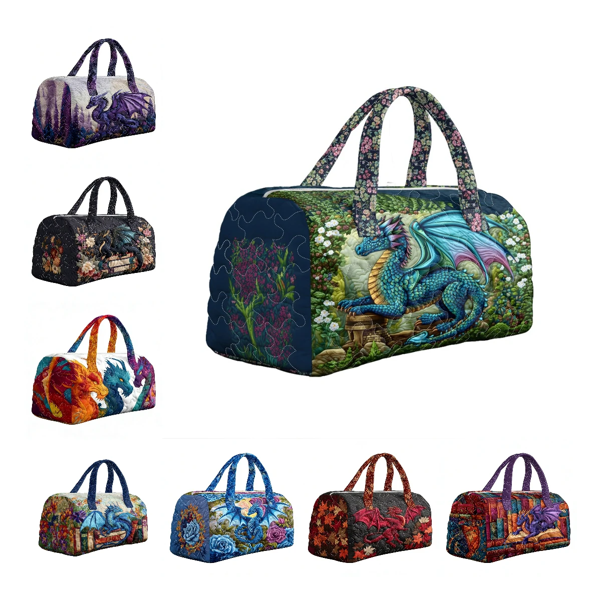 

Men's Dragon Print Quilted Duffle Bag Bohemian Style Road Trips Travel Tote Women Men Outdoor Weekender Bag