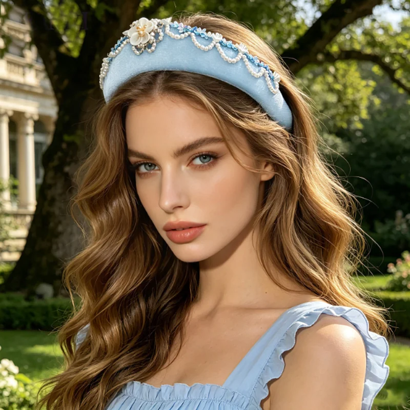 French Imitation Pearls Velvet Crown Headband Triangle Flower Hair Hoop Bride W 6