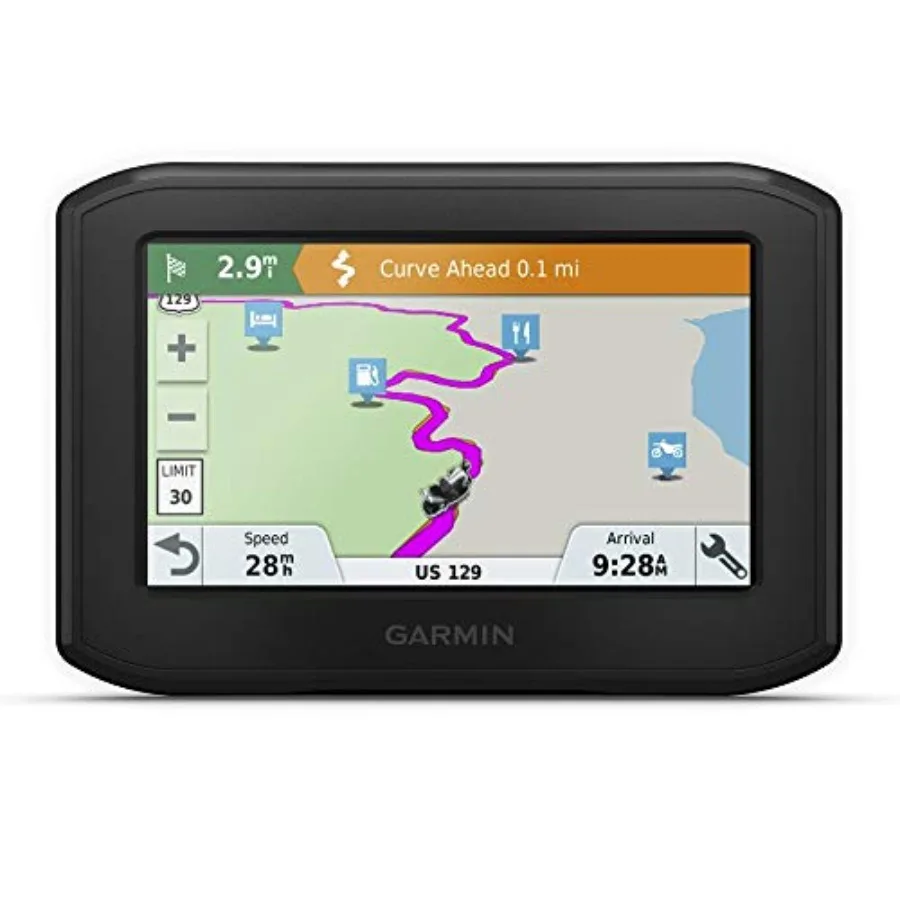

Motorcycle GPS for outdoor navigation, rugged plastic housing, black color, 4.3-inch display with live traffic and weather