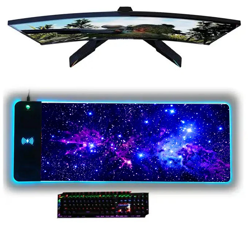 Starry RGB Mouse Pads LED Mouse Pad Wiht Wireless Charger for Mobile Phone Charging Mat 800X300MM for IPhone 13 X/8 Plus Samsung