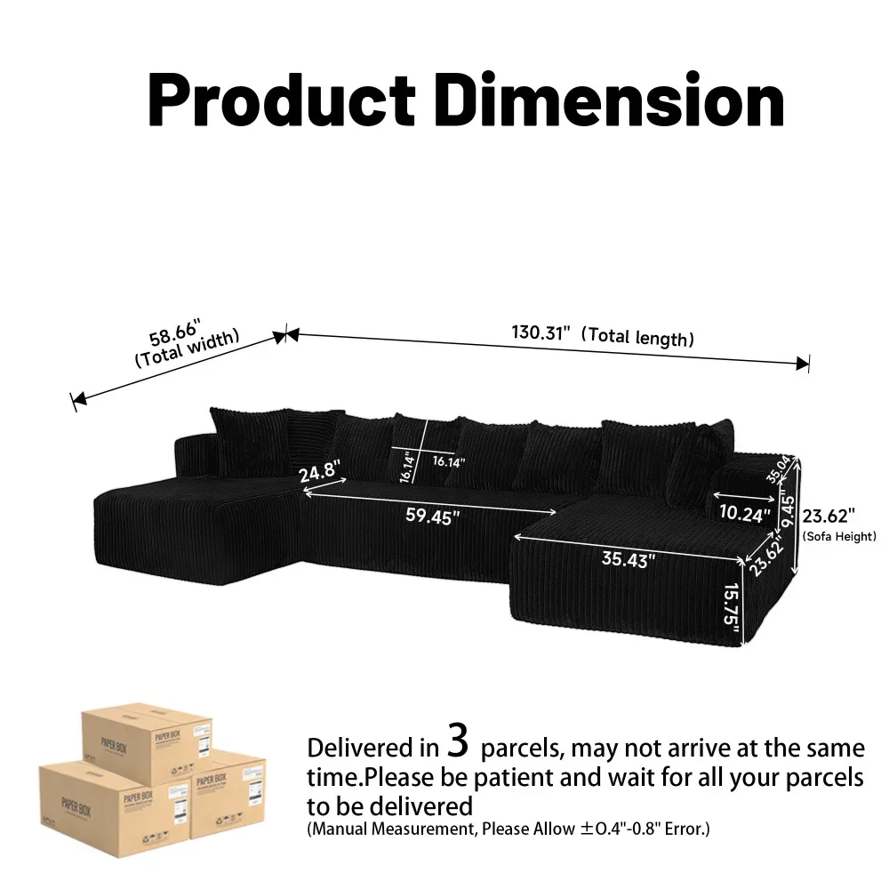 أريكة مقطعية على شكل حرف U مقاس 130 بوصة، صالة تشيس ذات 4 مقاعد مع تصميم قابل للعكس، غرفة معيشة، تخطيط قابل للتكوين بحرية.