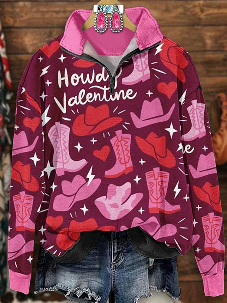 

Retro Western Valentine's Day Print Zip-Up Sweatshirt