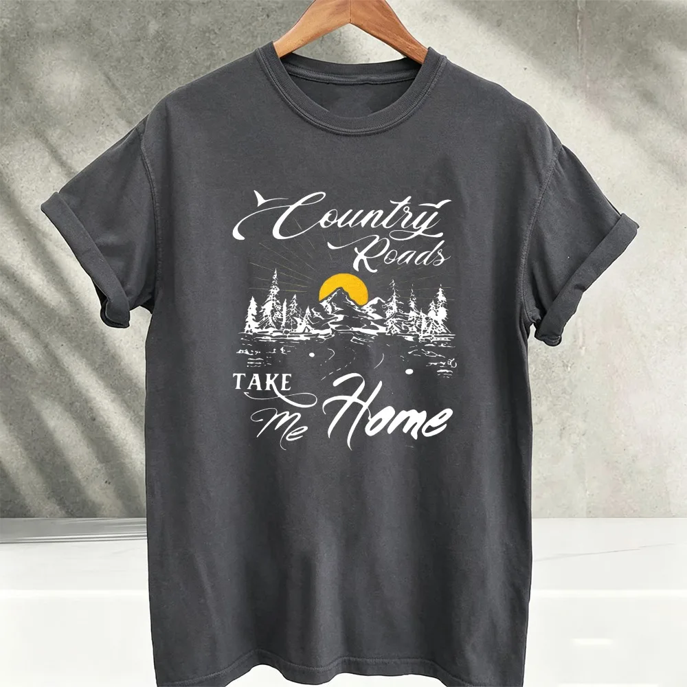 Country Roads Take Me Home Mountain Sunset Graphic T-Shirt Retro Country Music Quote  Outdoor Nature Lover Casual Cotton Tee Top