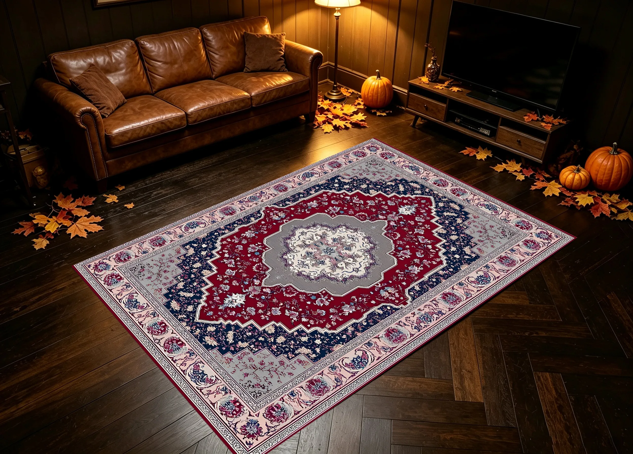 Velvet Rug Red Blue Color Block Persian Classical Pattern Retro European Style for Living Room Decor