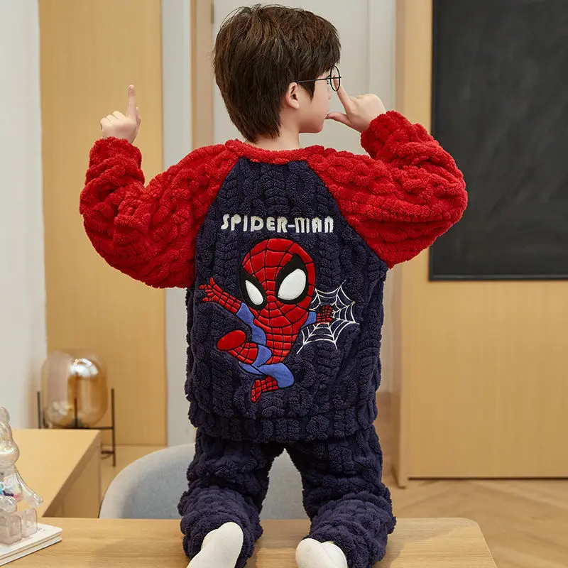 New Cartoon Children's Handsome Spider-Man Boy Thickened Pajamas Creative Anime Character Plus Velvet Warm Home Clothes Set Gift