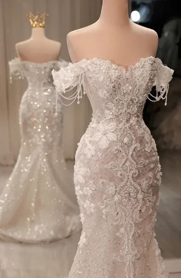 Luxury Mermaid Lace Applique Tassel Wedding Dress Sexy Sweetheart Off The Shoulder Detachable Plus Size Bridal Gown Customized image 2