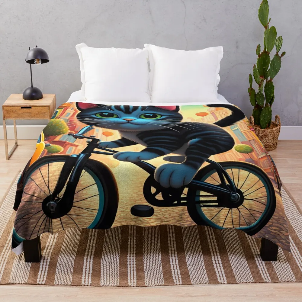 

Copy of Folk Art Kitten riding a bicycle in the city Throw Blanket Hair Flannel Blankets For Baby Blankets