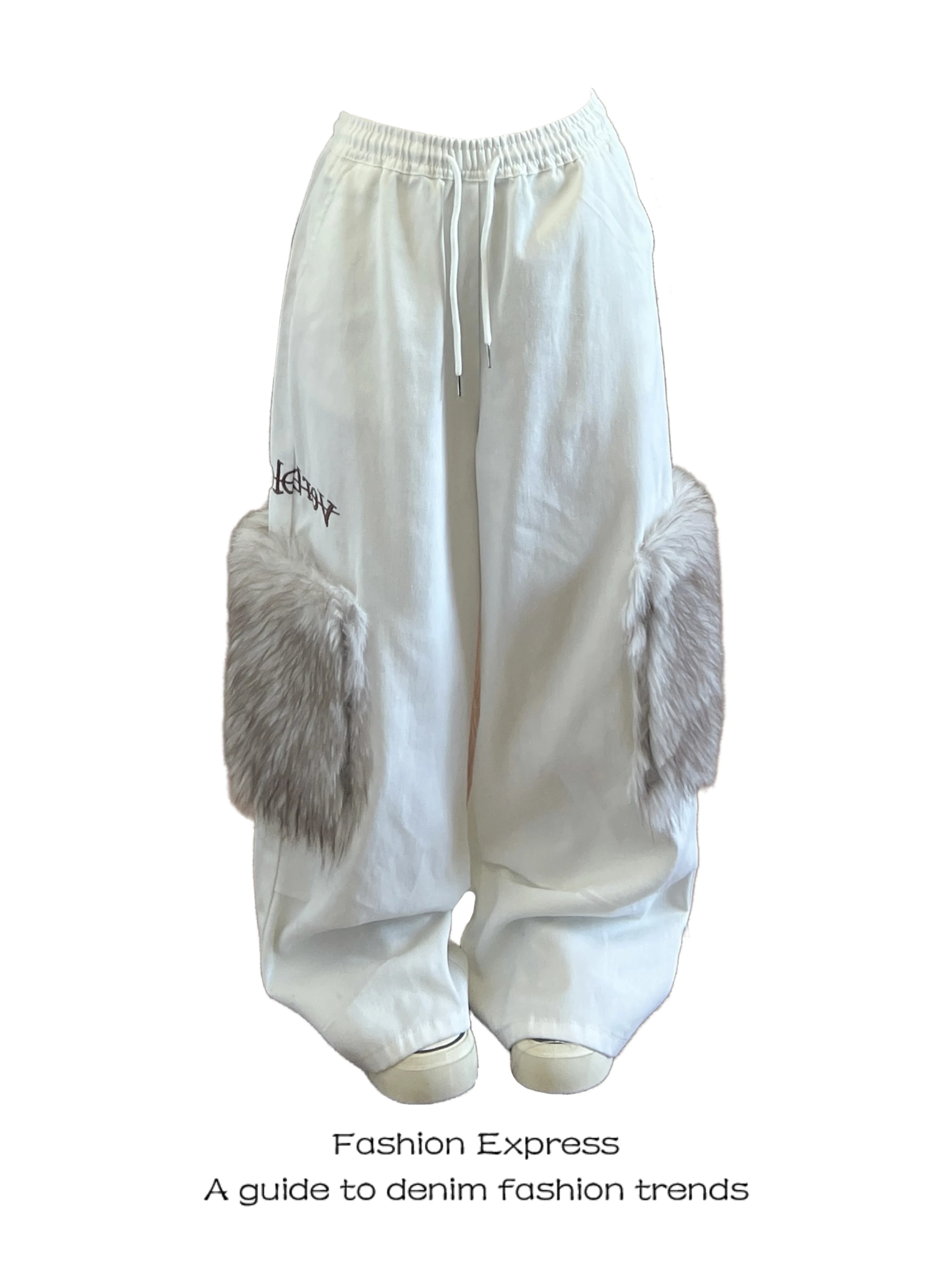 

Женские брюки с высокой талией и широкими штанинами, весенне-осенние, новые, простые, белые, с меховыми вставками, свободные, повседневные