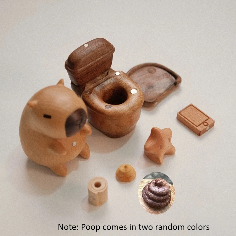 Walnut & Beech Magnetic Capybara on Toilet Set, Creative Wooden Home Decor Gift,Golden Sandalwood Figure