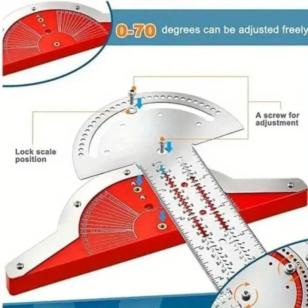 Woodworking Edge Measuring Ruler Stainless Steel Protractor T-square Woodworking Edge Ruler  Adjustable Angle Measuring Tool