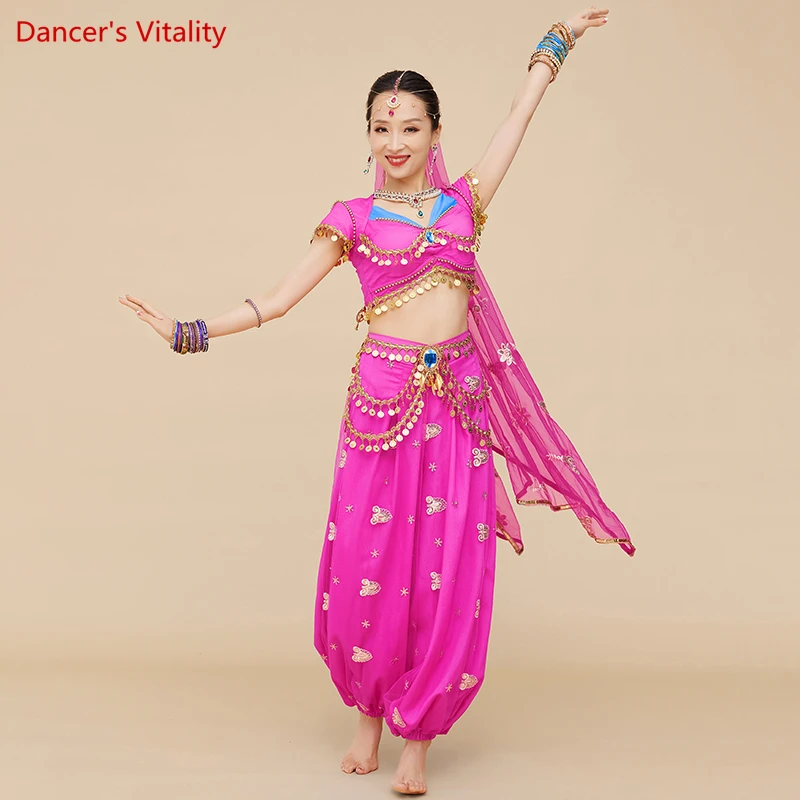 

Indian Dance Performance Clothes Adult Belly Dance Clothes Short Sleevess Top+pants+Veil 3pcs Indian Saree Competition Outfit