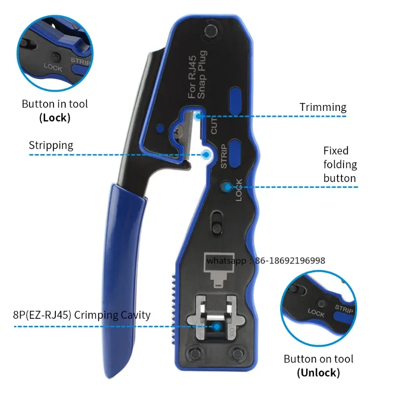 RJ45 Crimp Tool Pass Through Crimper Stripper Cutter for Cat6a Cat6 Cat5 8P8C Modular Connector Ethernet All-in-one Wire Tool