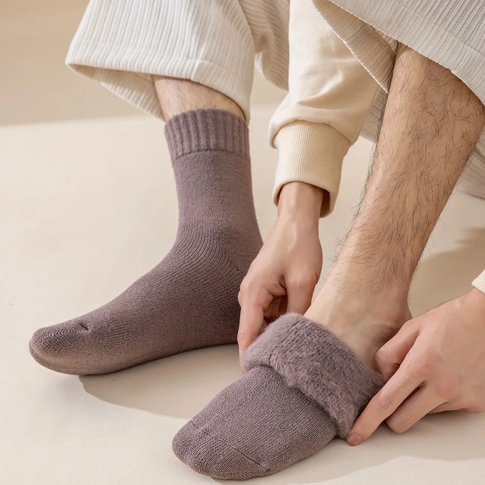 5 Pair Men's Merino Wool Socks Winter Thickened Warm Cashmere Socks Fashion Solid Color Terry Socks