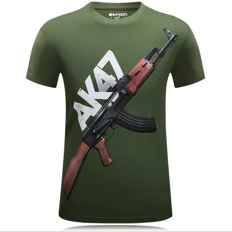 Summer Personality Fashion Short Sleeve T-shirt Ak 47 Gun Print Army Fan Tough Guy Wind Speed Dry O Collar Shirt Punk Top