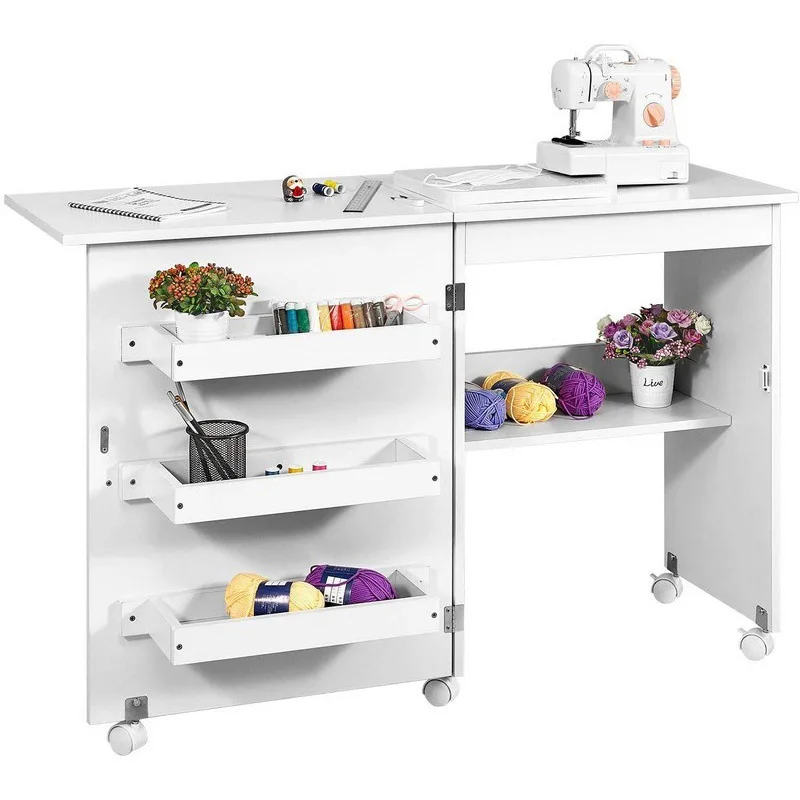 Folding Sewing Table Multipurpose Craft Station & Side Desk with Compact Design Wheels Shelves Storage Trays Pegs Magnetic Doors