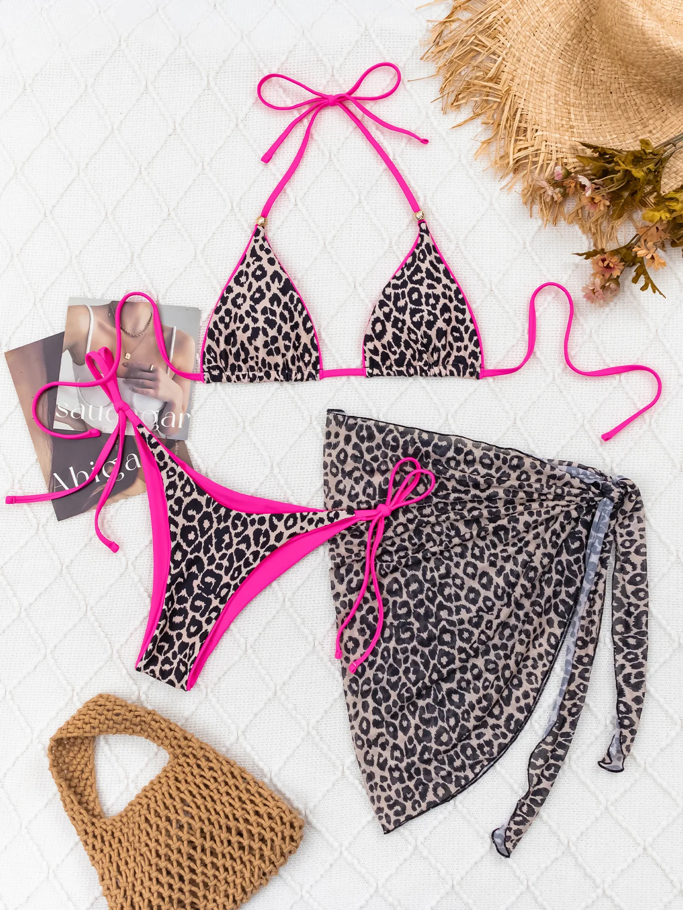 

sexy leopard print micro bikinis sets 3pcs with mesh cover skirt beach outfits swimwear swimsuit bathing suit biquini