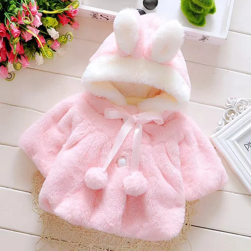 3 6 9 12 18 24 Months Baby Jacket Autumn Cute Rabbit Plush Princess Girls Coat Infant Warm Hooded Newborn Cloak Kids Clothes2024