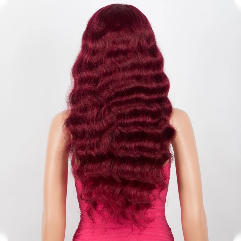 Lekker 26 "sem cola burg vermelho onda do corpo 100% perucas de cabelo humano com franja para as mulheres cabelo remy brasileiro máquina completa peruca ondulada profunda