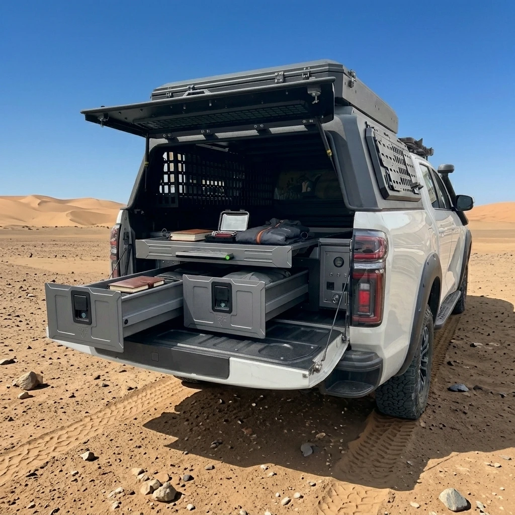 Aluminum Alloy 2-Drawer Magic Box Truck Bed Storage Drawer System with Tray Power Station for Tacoma Hilux Ranger