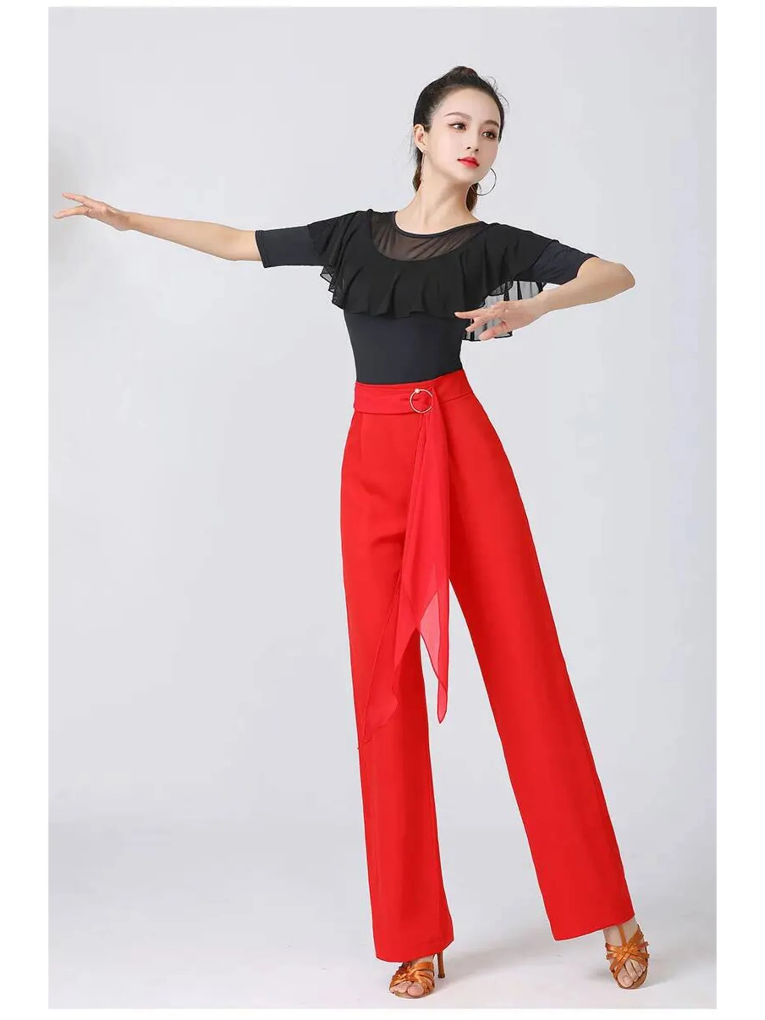 سروال رقص عالي الخصر وواسع الساق مع خصر ربطة عنق - بنطلون متدفق بلون سادة، بنطال جاز فاخر لأداء قاعة الرقص الحديث