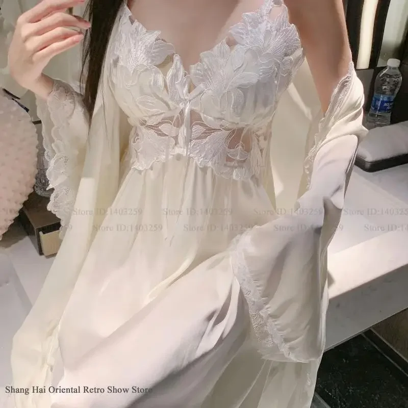 

Сексуальный черный кружевной длинный халат, ночная рубашка, женская одежда для сна, комплект из 2 предметов, элегантная шелковистая атласная ночная рубашка, свободная домашняя одежда, нижнее белье