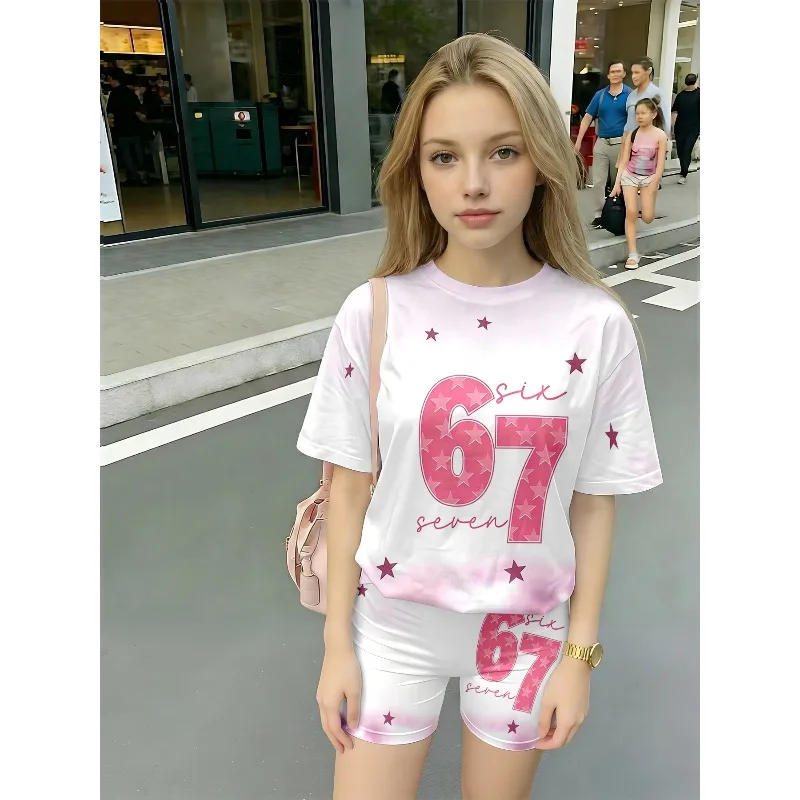 Pink Star 67 Printed Casual Two Piece Set Summer Short Sleeved T-shirt and Shorts Suitable for Birthday Gifts