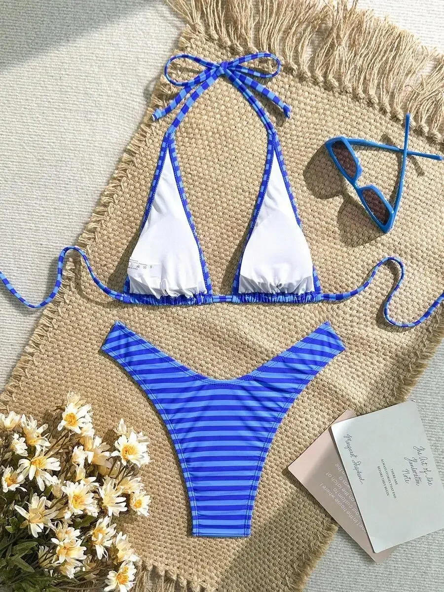 

Striped Triangle Bikini Set For Beach Summer Vacation