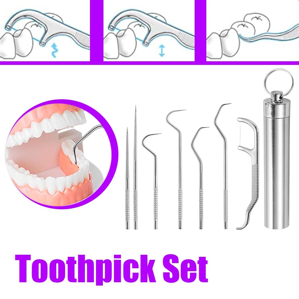 Dental Cleaning Kit Stainless Steel Toothpicks Portable Pocket Set Reusable Metal Floss Pick With Keychain Holder For Travel