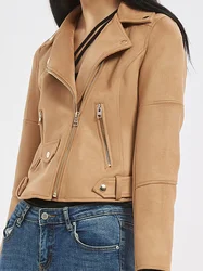 Womens Fashion Soft Faux Suede Leather Jackets Ladies High Street Short Khaki Matte Long Sleeve Zipper Chic Tops Coats Outerwear