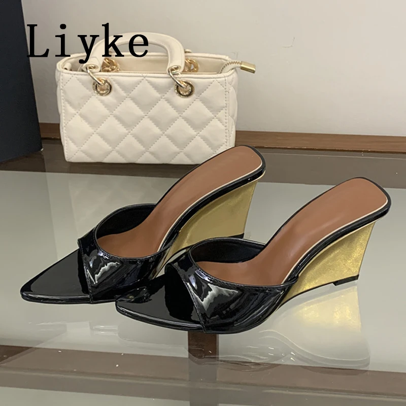 

Liyke Designer Gold Leather Wedges Shoes For Woman Slippers Sexy Leopard Print Pointed Open Toe High Heels Sandal Female Slides