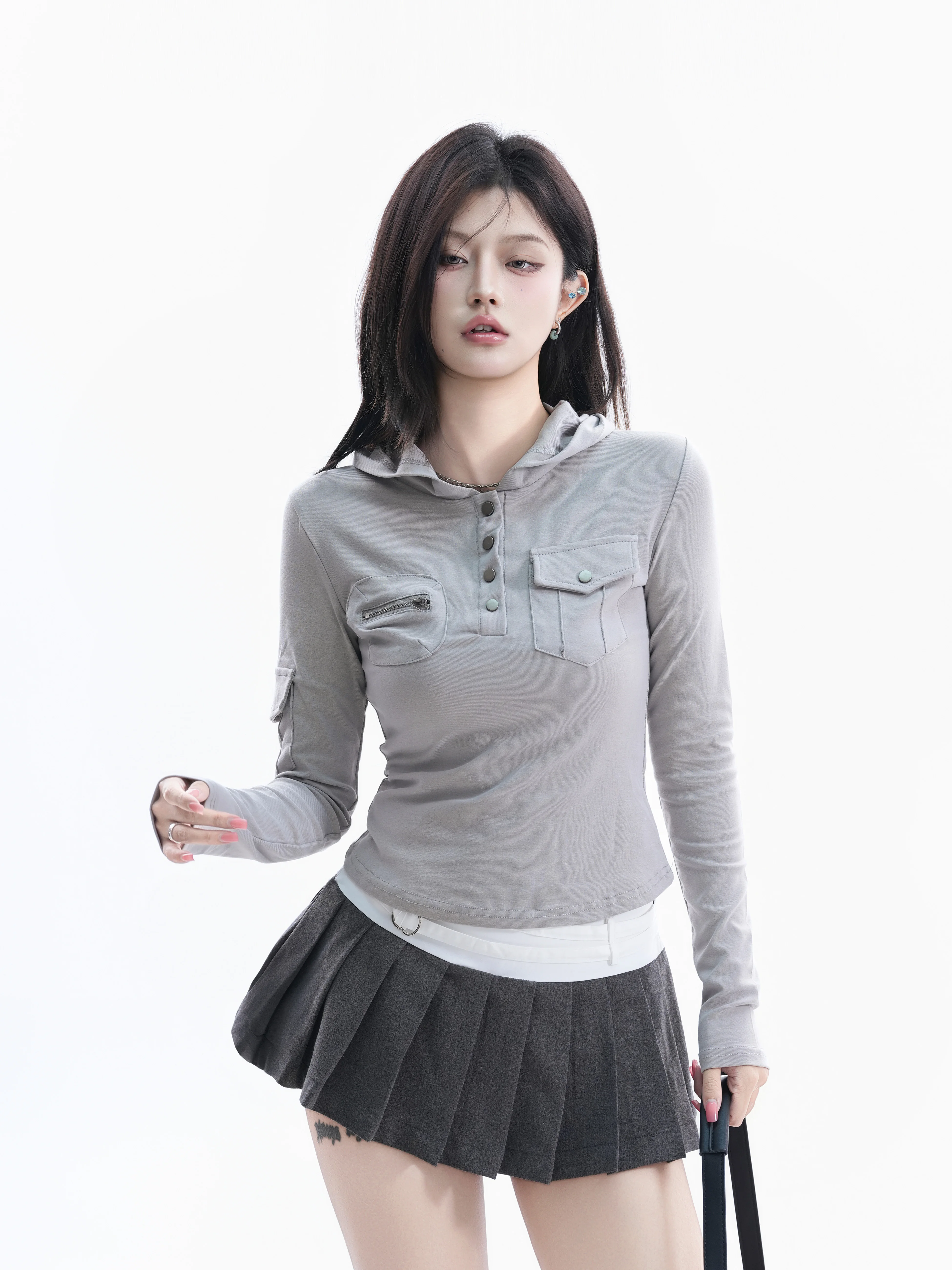 

Retro American Hooded Long Sleeve Women's Pocket Button Design Slimming Sexy T-Shirt Top Small Ball Ball Girl Feeling