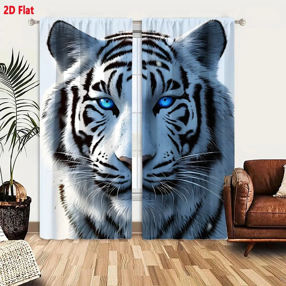 2Pcs Curtains White Tiger Portrait With Blue Eyes And Bold Black Stripes Window Drapes for Bedroom Room Decor Decoration Window