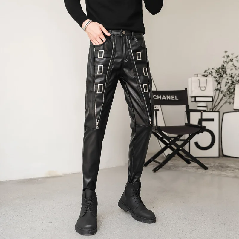 Men's Windproof Waterproof Motorcycle Biker Leather Pants Skinny Punk Style Faux Leather Trousers Fleece Lined Rider Bottoms