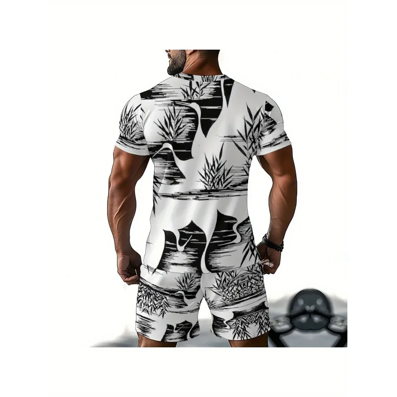2025 Fashion New Trend Summer 3D Digital Printing Creative Casual Round Neck Short Sleeved Shorts Set Retro Men's T-shirt