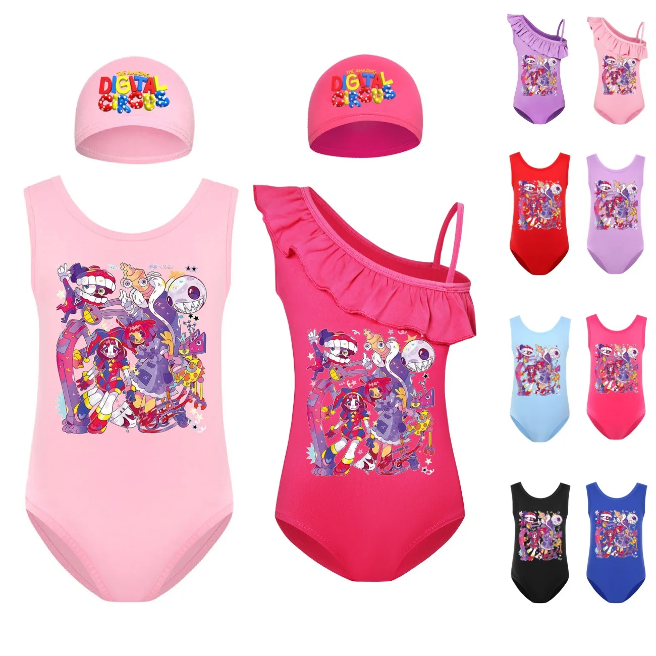 

Girls Swimsuit New One Piece Swimwear Amazing Digital Circus Children's Swimwear Toddler One Piece Swimsuit with cap 2-14 Y2986