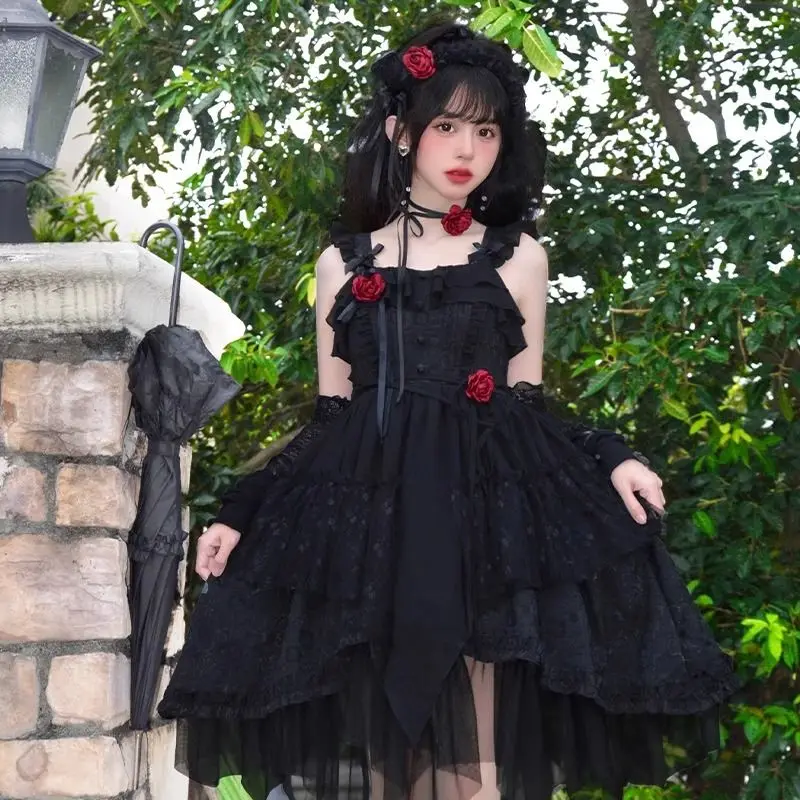 

CON The Queen of Night ~ Sweet Lolita JSK Dress Women Diablo Vintage Gothic Asymmetrical Party Dresses