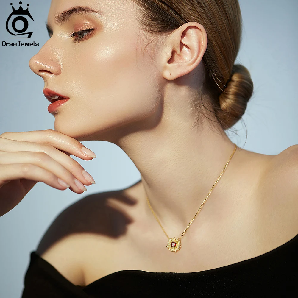 ORSA JEWELS 925 Sterling Silver Natural Garnet Sunflower Pendant Necklace Women Girls Vintage Choker Chain Jewelry Gift GMN22