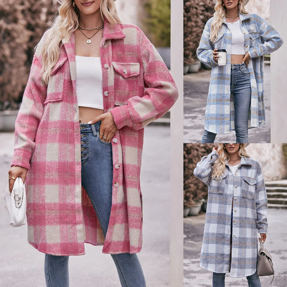 

Autumn Winter Plaid Long Coat Women's Faion Outerwear Camere Cross-Border Large Coat Ladies' Premium Woolen Jaet