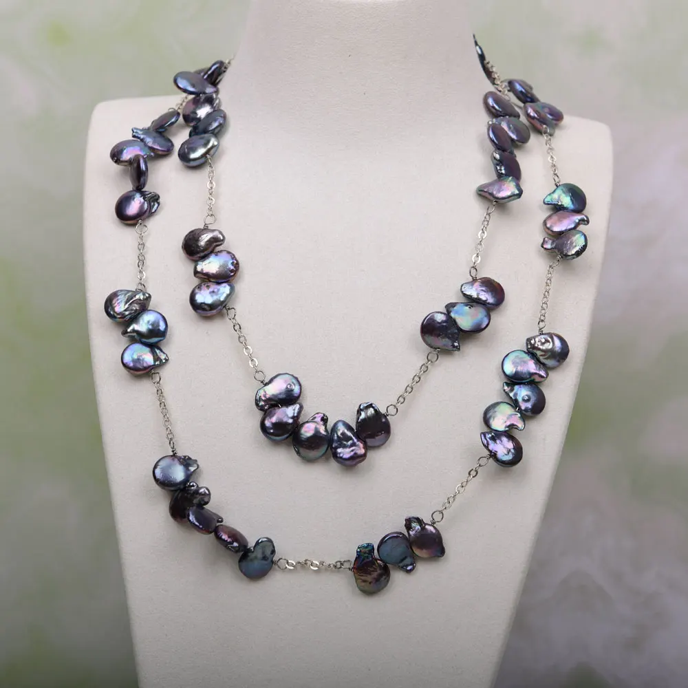 

GG 2 Row Cultural Black Coin Pearl Chain Long Necklace Party Jewelry