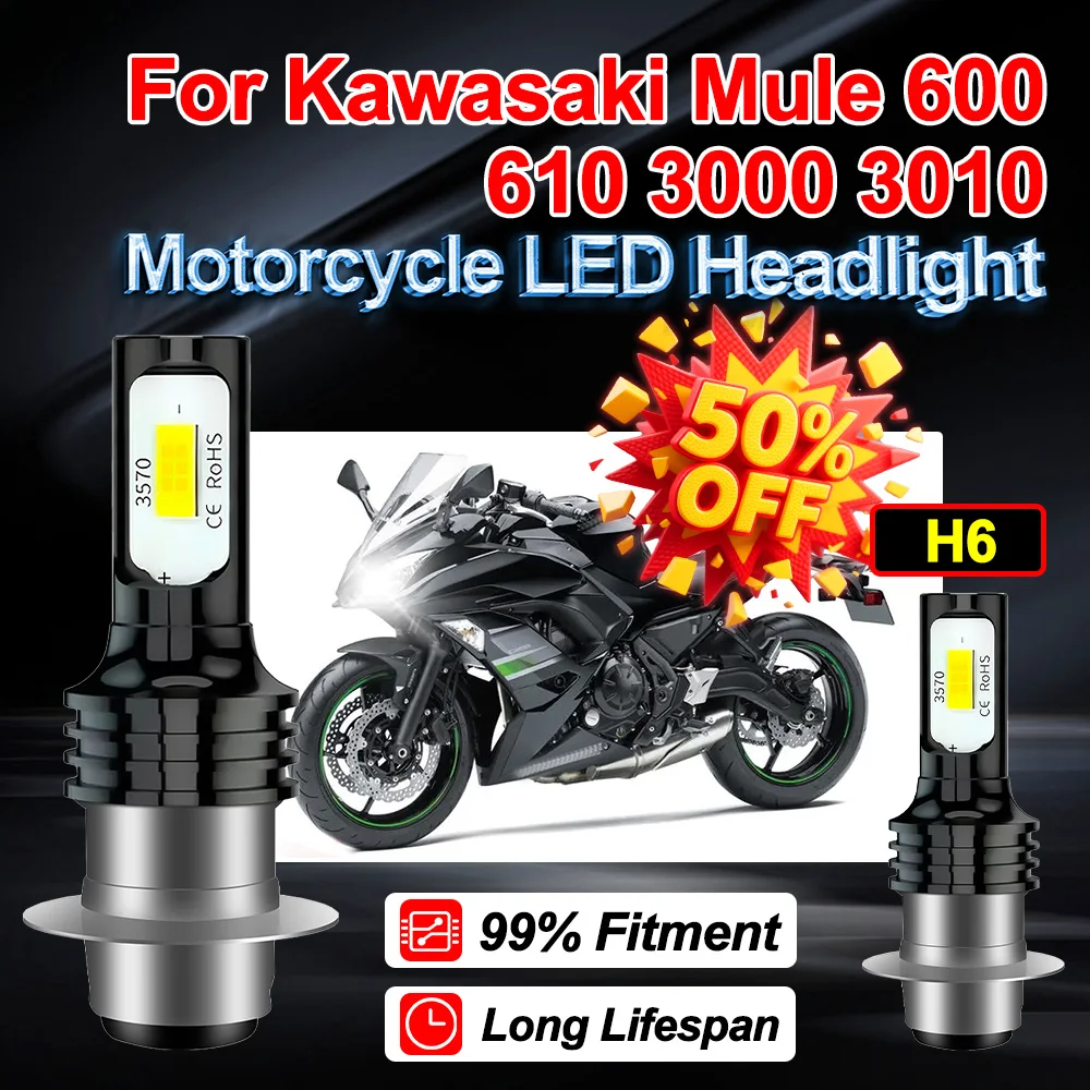 

1X 2X For Kawasaki Mule 600 610 3000 3010 Motorcycle LED Headlight Ampoule 150W Hi-Lo Beam Auxiliary Light Lamp Bulb 6000K