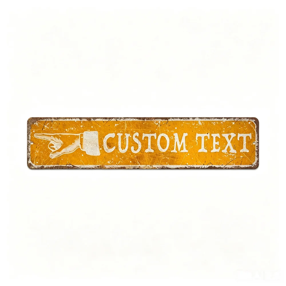 1pc Customizable Pointing Hand Metal Plaque, Orange Vintage Distressed Custom‑Text Wall Sign for Workshop Decor (Decor Only)