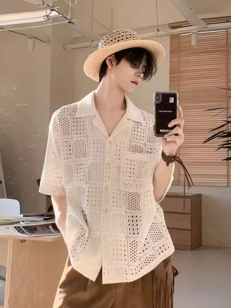 Vintage Hawaiian Hollow Out Woven Short Sleeve Shirt for Men, Summer Thin Breathable Loose Turn-down Collar Trendy Casual Shirt