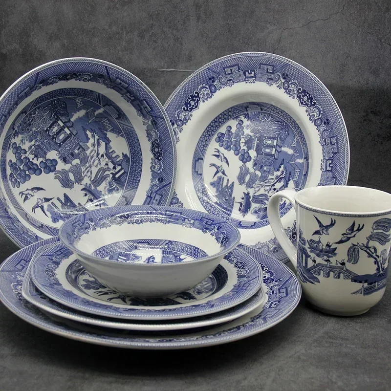 The Blue Willow Set Dinner Elegant England Ware Style Ceramic Breakfast Beef Plate Dishes Dessert Soup Dish Bowl