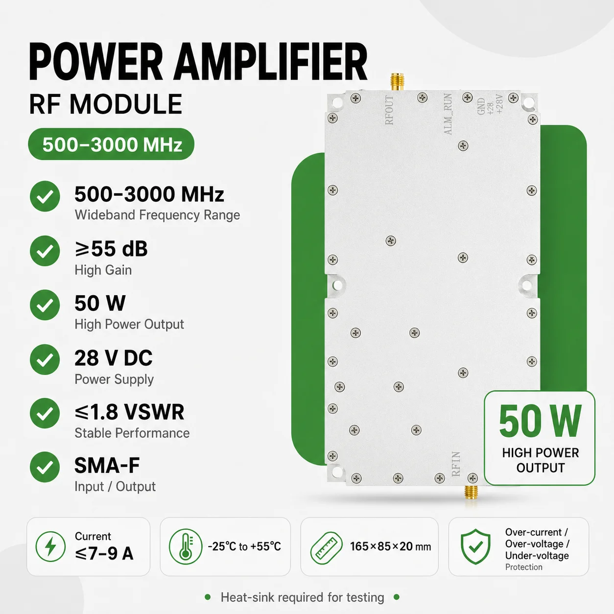 Amplifier Module Wideband 50W 500-3000MHz Board Module UAV System & Robot UAV Shielding Device Defense System Module