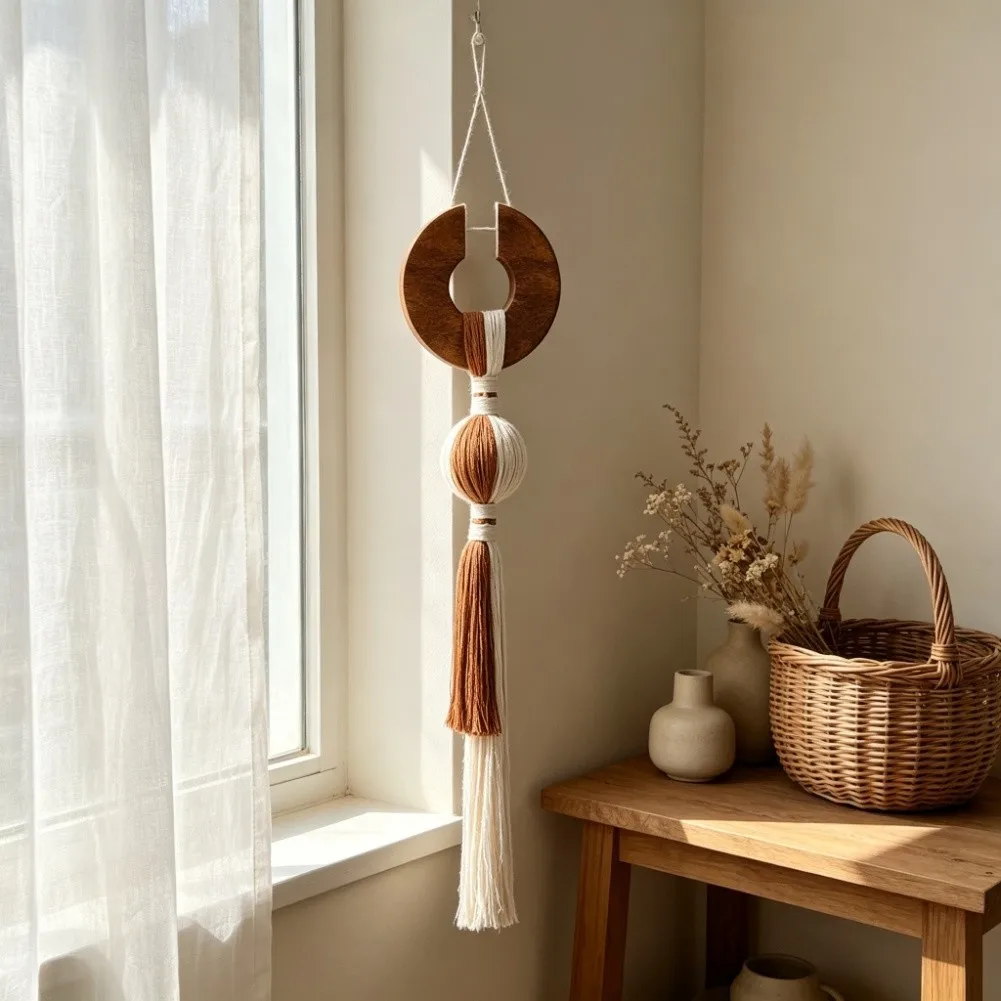 Nordic Solid Wood Ring Cotton Rope Macrame Wall Hanging Handwoven Tassel Decor Bohemian Woven Art For Living Room Bedroom 20x85c
