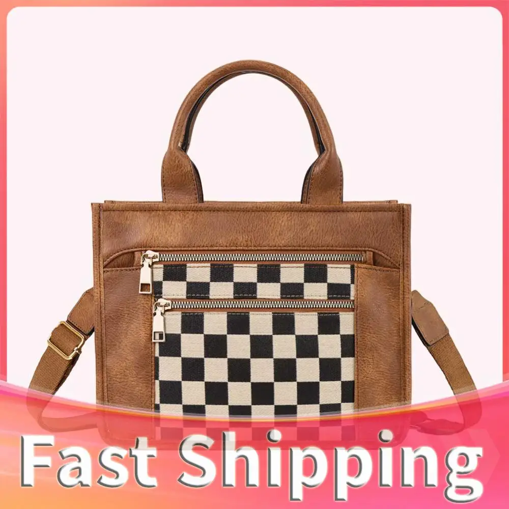 

Women Canvas Checkered Tote Bag Daily Commuting Bag Chic Hobo Bag (Brown)