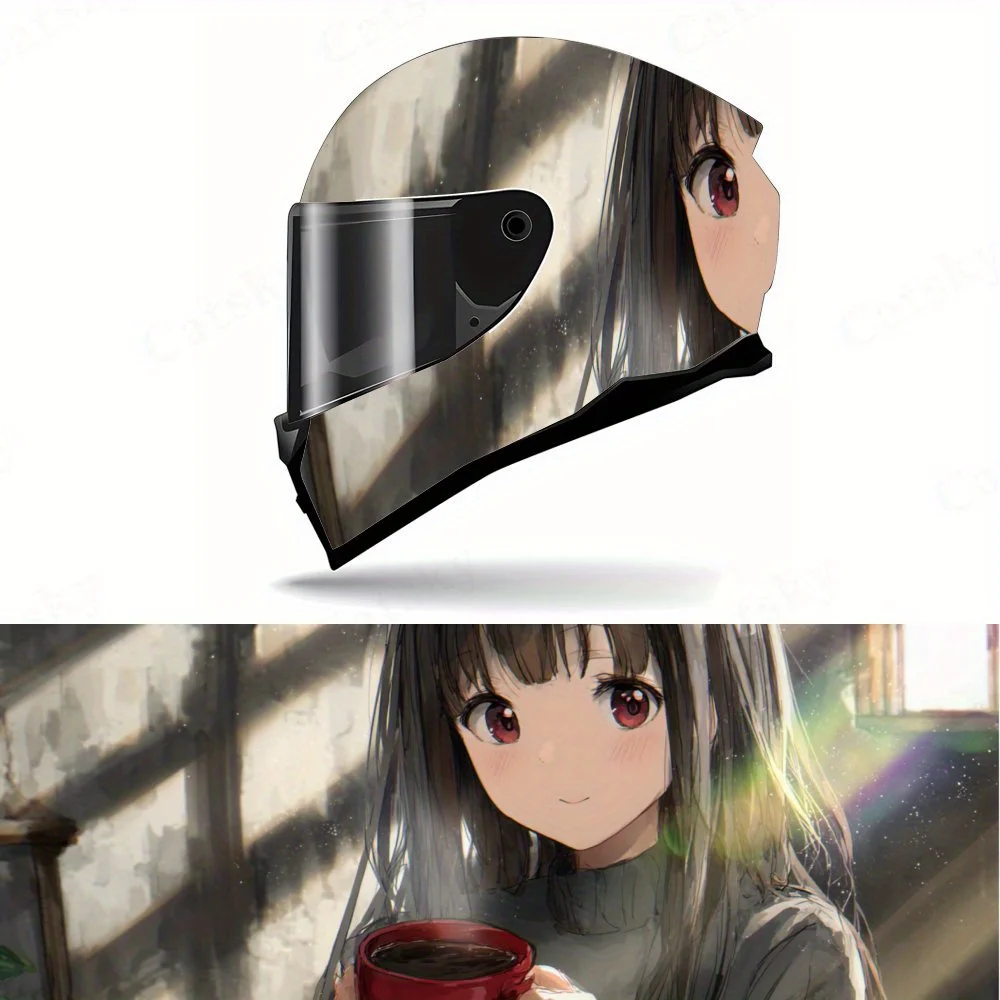 

Artistic cute anime girl with coffee Full helmet Wrap Sticker Motorcycle helmet Racing graphic Decal Vinyl wrap helmet decal